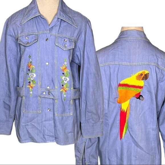 Vintage Embroidered Denim Shirt Medium Pearl Snap Belted Parrot Pointed Collar - Picture 1 of 7